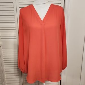 Pleione Bohemian Style Hi-low Hem V-Neck Blouse, Ladies Size Small, Coral